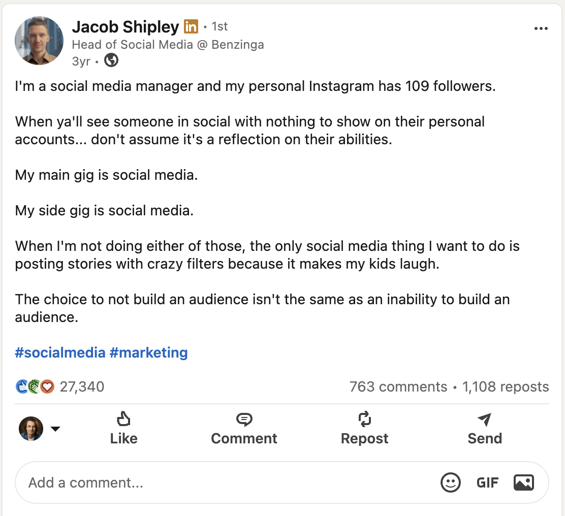 LinkedIn post by Jacob Shipley with more than 27,000 reactions, 763 comments, and 1,108 reposts