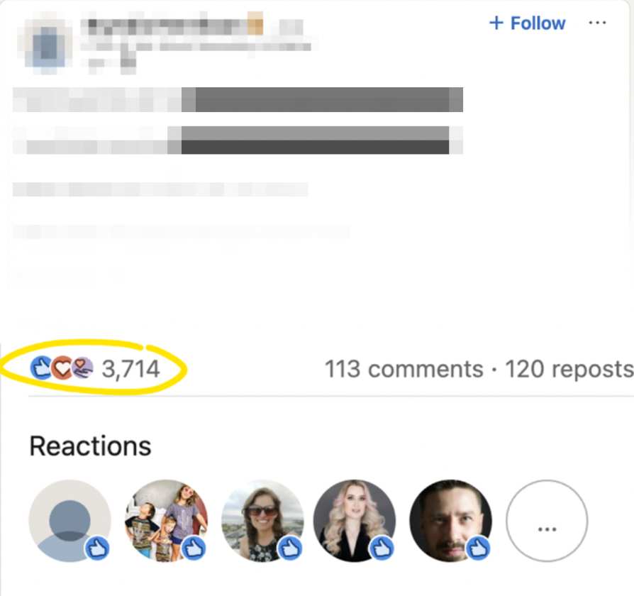An anonymized LinkedIn post with 3,714 reactions, 113 comments, and 120 reposts